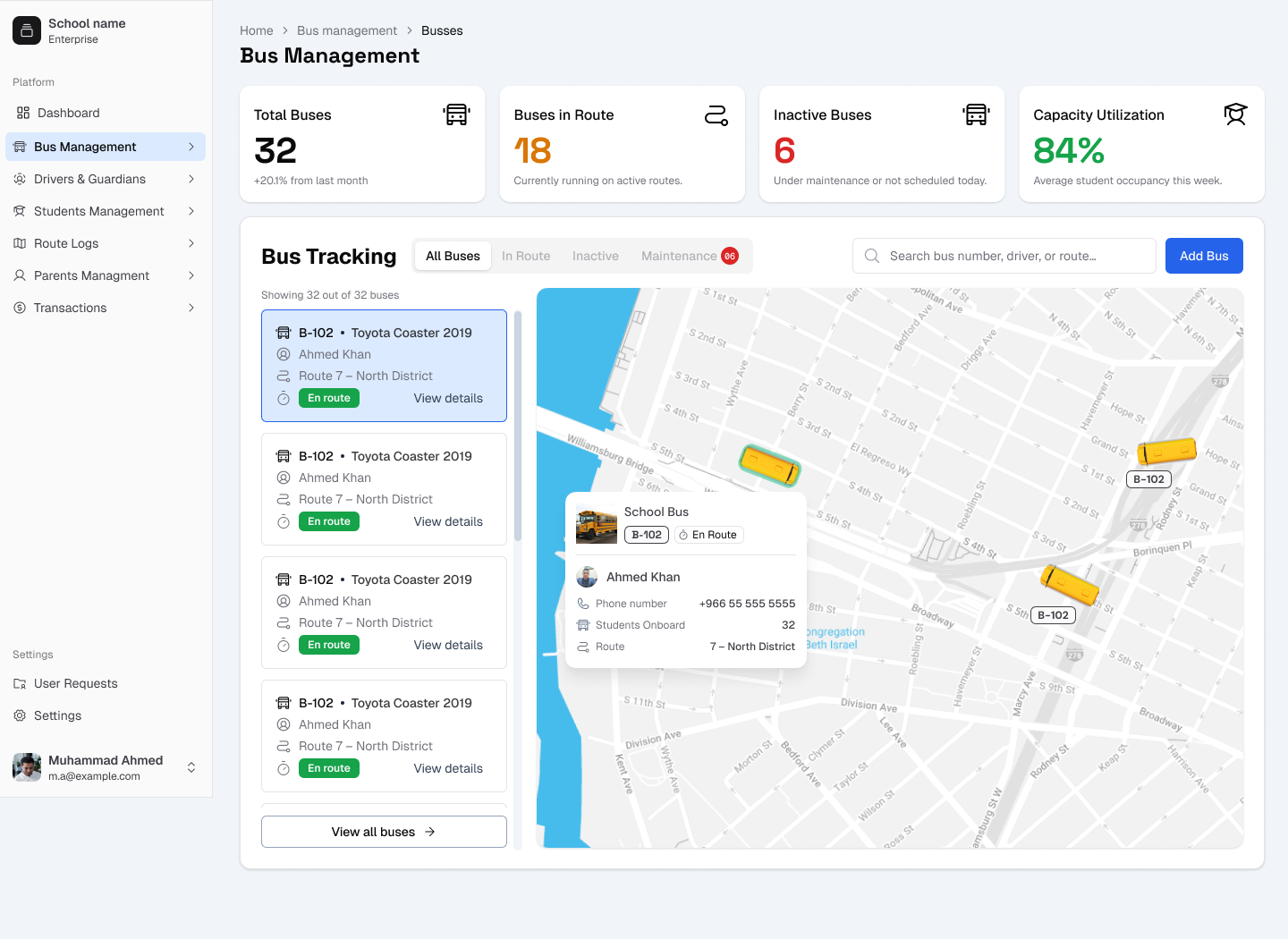 Live school bus tracking dashboard